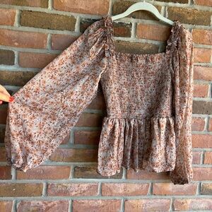 Peach Love California Floral Smocked Blouse - pink and Brown